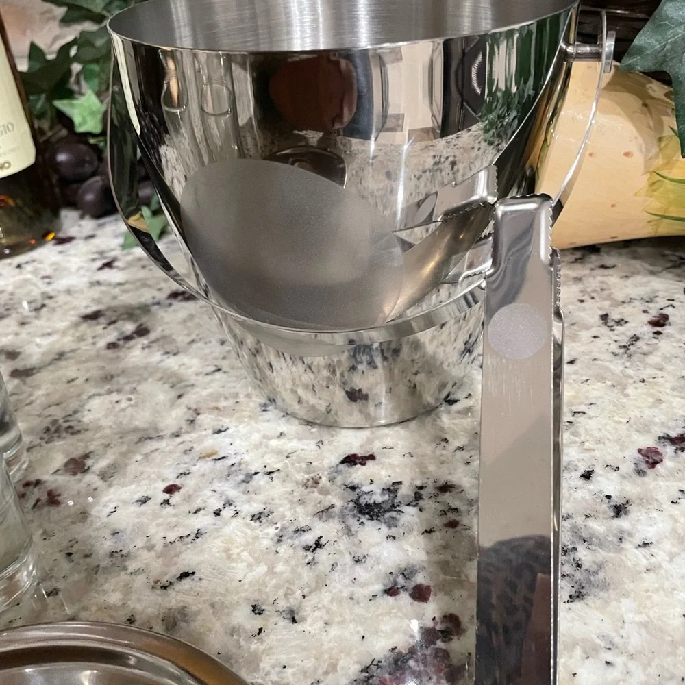 Oggi Elegant Stainless Steel Ice Bucket Set w Tongs and 4 highball glasses NEW